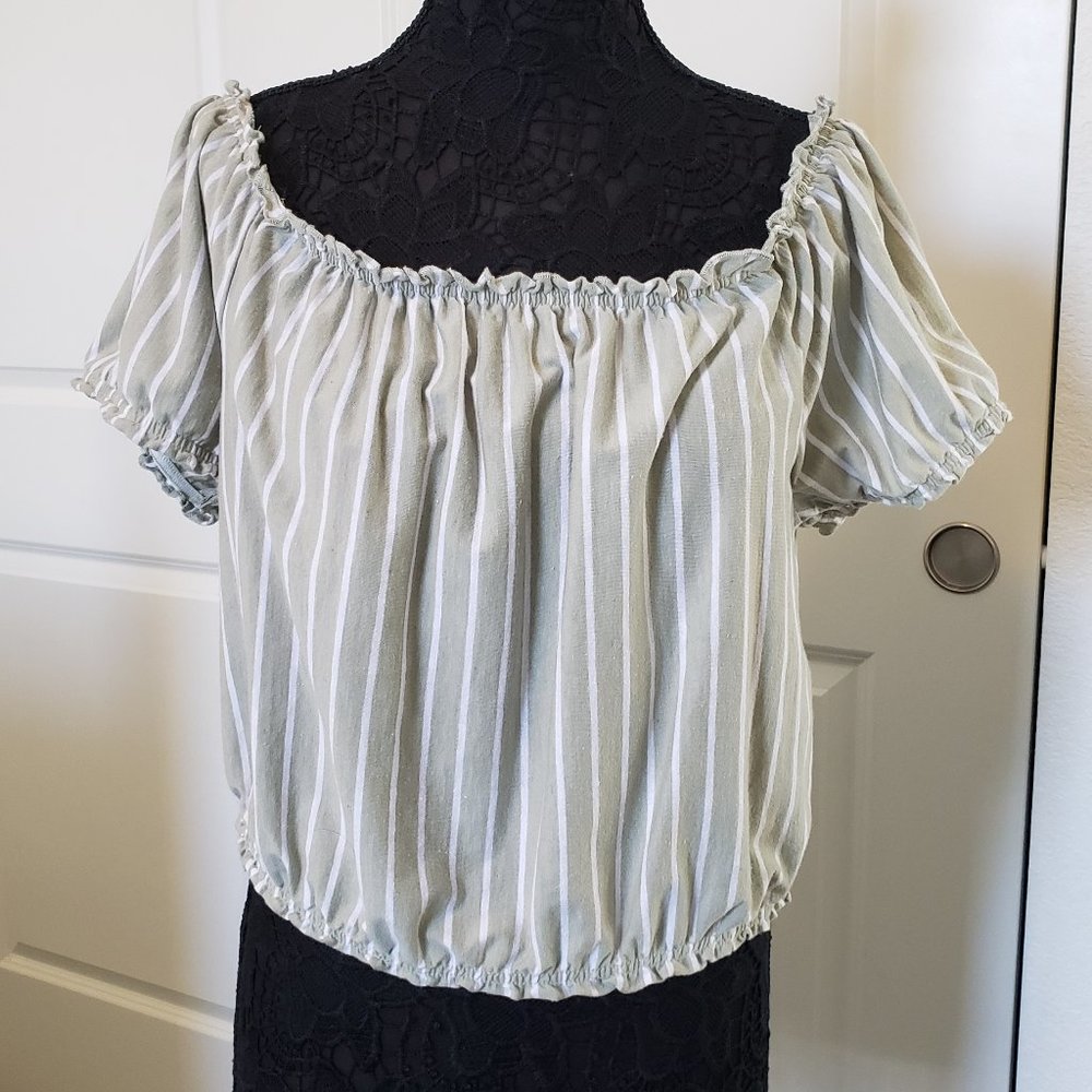 American Eagle Green Striped Off Shoulder Crop Top